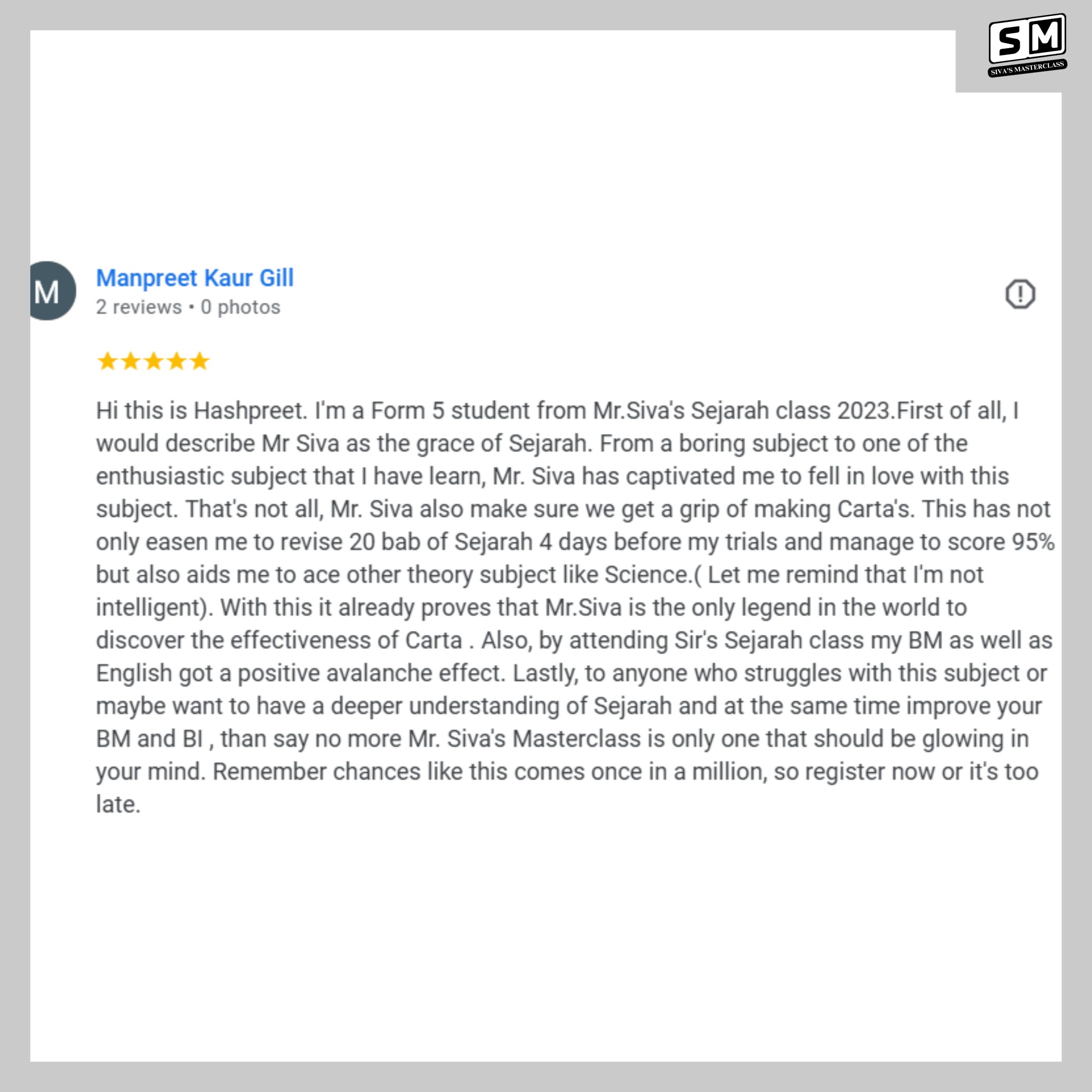 Review Siva's Materclass