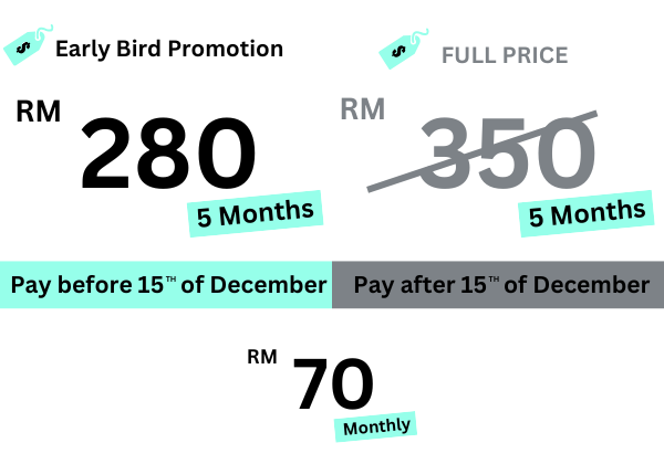 early bird promo 5 months RM 280 per subject